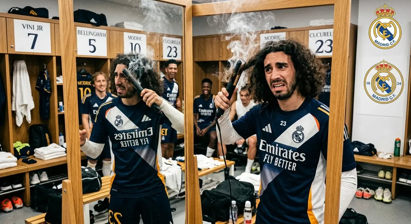 Cucurella frente a un espejo en el vestuario del Real Madrid con una plancha de pelo humeante en la mano