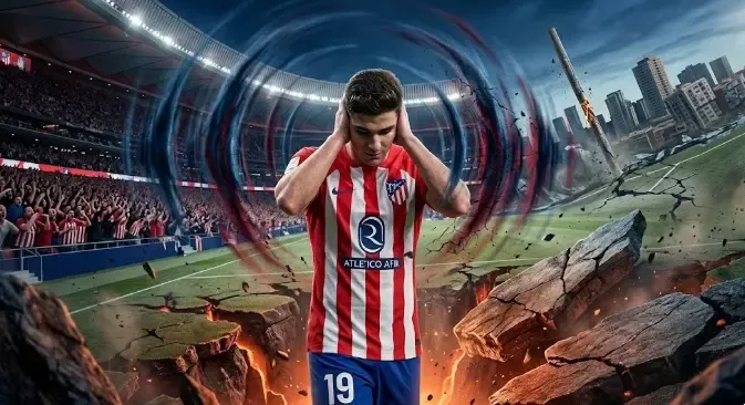 Un futbolista con la camiseta rojiblanca se tapa los oídos en el centro del campo mientras el terreno de juego se resquebraja